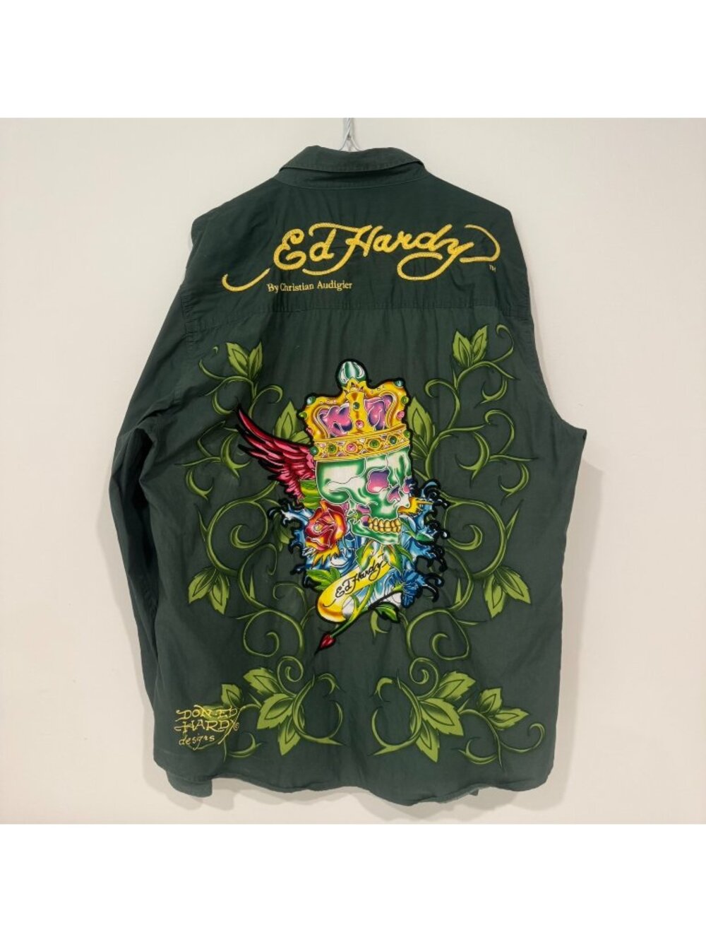 Vintage Y2K Ed Hardy by Christian Audigier Skull Dragon Button Up Shirt XL Green